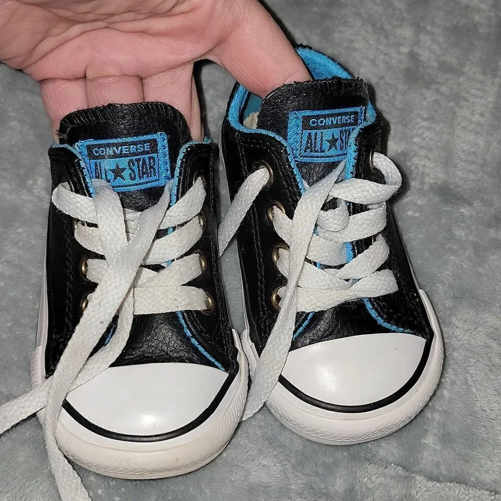 Converse All Stars Low Black Leather Blue Trim CTSA Shoes Baby Size 4
